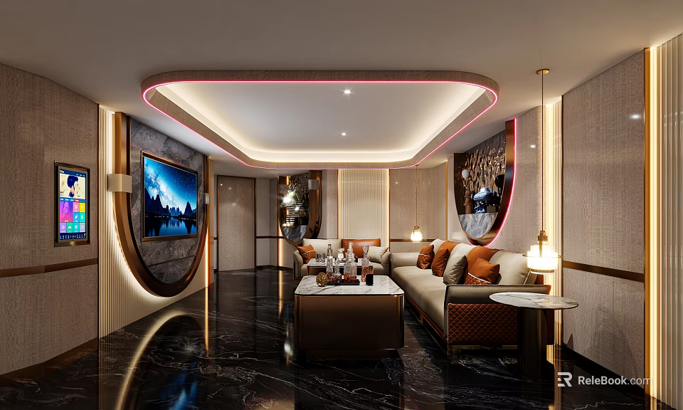 Luxurious KTV Interior Design With Plush Sofas TV Screen Marble Floor And Modern Lighting Decor 3d model 