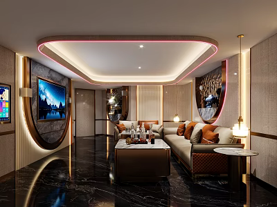 Luxurious KTV Interior Design With Plush Sofas TV Screen Marble Floor And Modern Lighting Decor 3d model