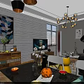 Modern Living And Dining Room Interior With Chandeliers Framed Artworks Sofa Dining Table And Chairs