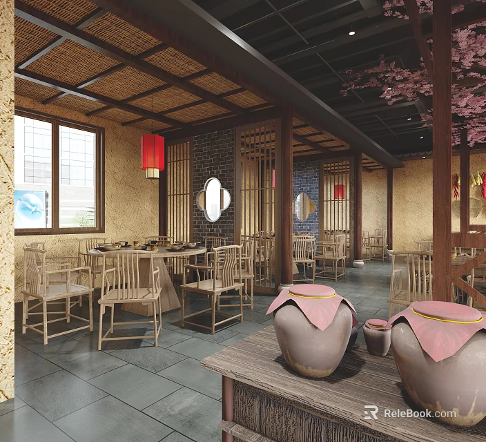 Traditional Chinese Restaurant Interior Featuring Bamboo Tables Chairs Red Lanterns Round Mirrors And Clay Pots 3d model 