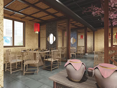Traditional Chinese Restaurant Interior Featuring Bamboo Tables Chairs Red Lanterns Round Mirrors And Clay Pots 3d model