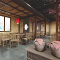 Traditional Chinese Restaurant Interior Featuring Bamboo Tables Chairs Red Lanterns Round Mirrors And Clay Pots