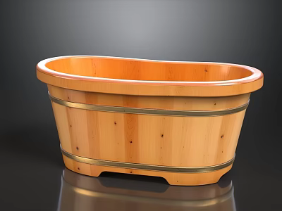 Natural Pine Wooden Freestanding Bathtub With Oval Shape And Metal Bands 3d model