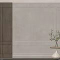 Modern Interior With Wooden Cabinet Light Toned Wall Decorative Paneling And Green Plant On Round Table