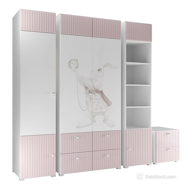 Cute Pink And White Wardrobe With Cartoon Pattern Drawers And Storage Shelves 3d model 