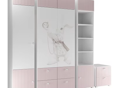 Cute Pink And White Wardrobe With Cartoon Pattern Drawers And Storage Shelves 3d model