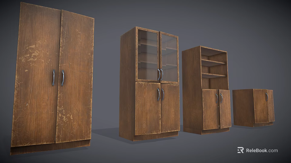 Classic Wooden Wardrobe Collection With Double Doors Glass Panels And Open Shelves 3d model 