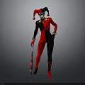 Detailed Clown Costume With Red And Black Bodysuit Jester Hat And Decorated Staff