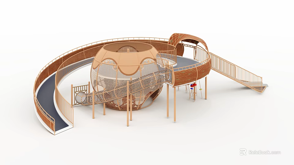 Outdoor Kids Playground Equipment With Circular Climbing Net And Wooden Slide Structure 3d model 