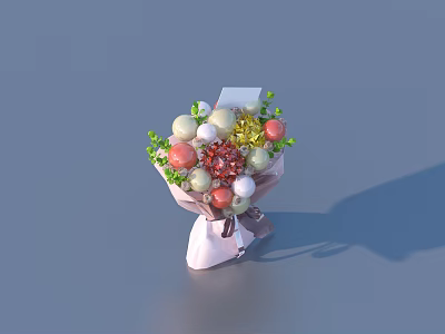Decorative Bouquet With Various Colored Balls Pink Wrapping Paper Green Leaves And Yellow Red Decorations 3d model