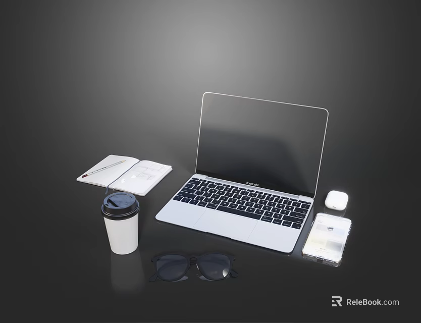 Laptop on Desk with Mouse Notebook Coffee Cup Sunglasses and Smartphone 3d model 