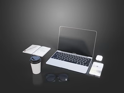Laptop on Desk with Mouse Notebook Coffee Cup Sunglasses and Smartphone 3d model