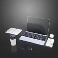 Laptop on Desk with Mouse Notebook Coffee Cup Sunglasses and Smartphone