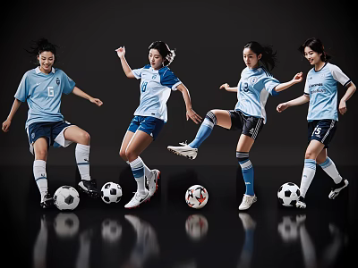 Women Soccer Players Displaying Dynamic Moves In Blue White Jerseys With Soccer Balls 3d model