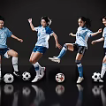 Women Soccer Players Displaying Dynamic Moves In Blue White Jerseys With Soccer Balls