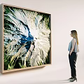 Large Wall Decor Natural Landscape Artwork With Wooden Frame In Modern Interior And Standing Woman
