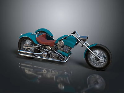 Custom Blue Cruiser Motorcycle With Brown Leather Seat And Chrome Exhaust Pipes 3d model