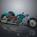 Custom Blue Cruiser Motorcycle With Brown Leather Seat And Chrome Exhaust Pipes