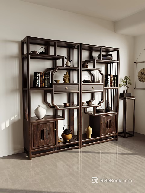 Traditional Wooden Chinese Display Shelf With Decorative Vases Books Drawers And Cabinet Doors 3d model 