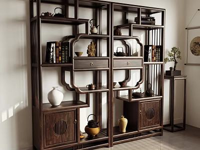 Traditional Wooden Chinese Display Shelf With Decorative Vases Books Drawers And Cabinet Doors 3d model