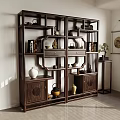 Traditional Wooden Chinese Display Shelf With Decorative Vases Books Drawers And Cabinet Doors
