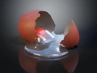 Broken Reddish Brown Eggshell With Spilled Yolk And Egg White On Dark Background 3d model