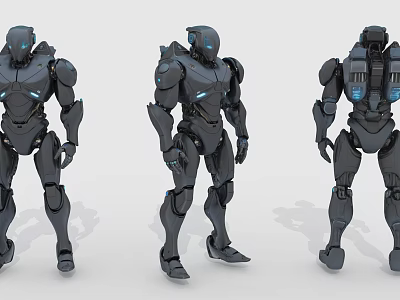Futuristic Mech Robot Designs In Three Different Poses With Blue Light Details 3d model