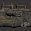 Detailed Terrain Model With Broken Wooden Structures Green Fence And Scattered Stones