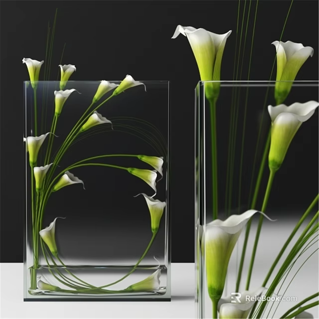 Decorative Ornament Set with Clear Glass Square Vases and White Green Calla Lilies 3d model 