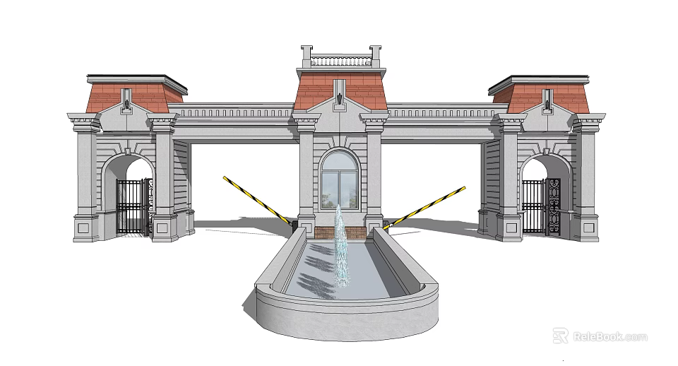 Classic European Entrance Gate With Red Roof Symmetrical Architecture Front Pool And Yellow Black Barriers 3d model 