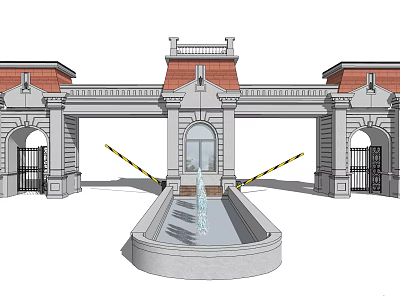 Classic European Entrance Gate With Red Roof Symmetrical Architecture Front Pool And Yellow Black Barriers 3d model