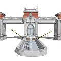 Classic European Entrance Gate With Red Roof Symmetrical Architecture Front Pool And Yellow Black Barriers