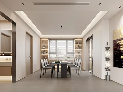 Modern Restaurant Interior With Dining Table Chairs Window Blinds And Wall Shelves 3d model