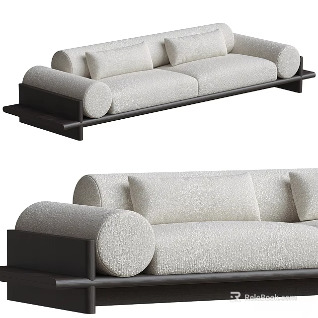 Modern Beige Two Seater Sofa With Rounded Armrests And Dark Wooden Base 3d model 