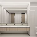 Public Restroom Modern Design With White Walls Mirrors Sinks Wooden Cabinets And Bright Lighting