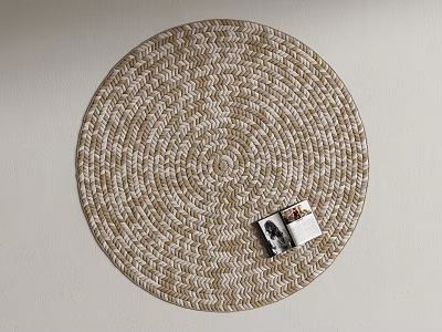 Round Woven Beige and White Rug with Textured Pattern and Magazines on Interior Floor 3d model