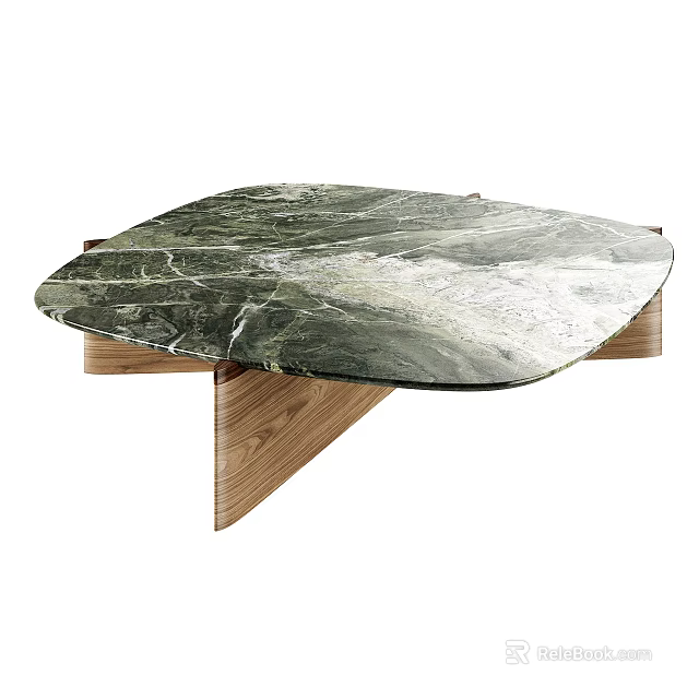Modern Coffee Table with Green White Marble Top and Oak Wood Base 3d model 