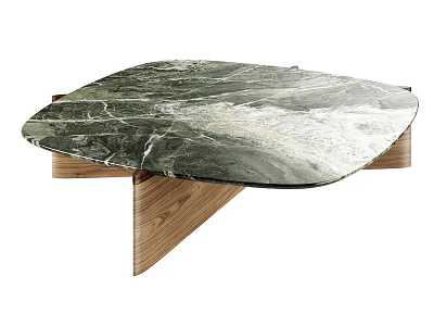 Modern Coffee Table with Green White Marble Top and Oak Wood Base 3d model