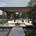 Serene Garden Landscape With Stone Pathway Cherry Blossom Tree Water Feature And Green Plants