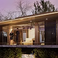 Scenic Modern Landscape Pavilion With Waterfall Lush Greenery Pond And Night Lights