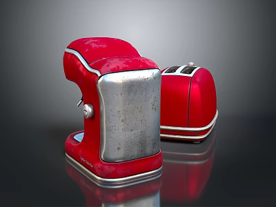 Red Kitchen Countertop Mixer And Toaster Appliances With Metallic Finish Design 3d model