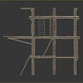 Multi Level Wooden Scaffolding Structure With Planks Support Posts And Ladder