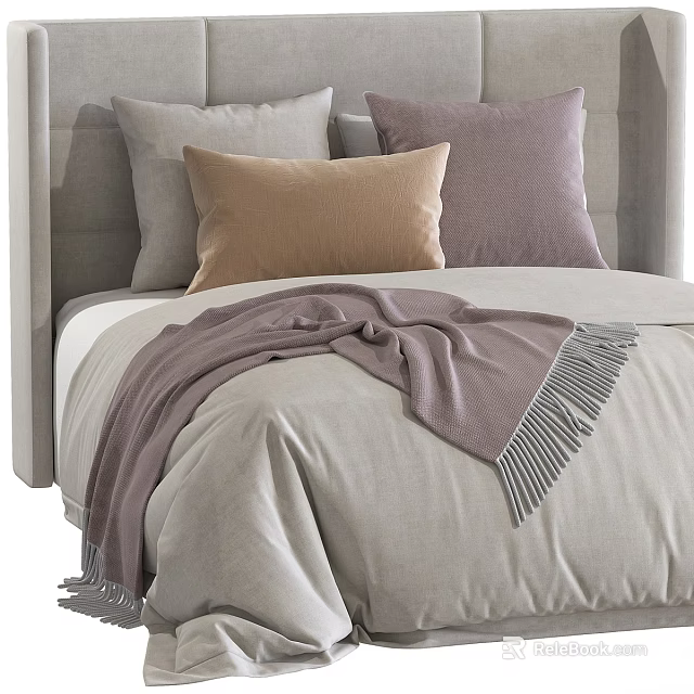 Modern Bed in Background With Gray Headboard Beige Purple Pillows and Fringe Blanket 3d model 