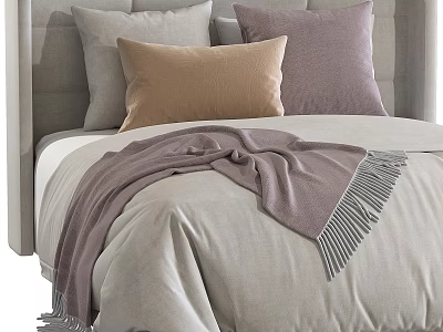 Modern Bed in Background With Gray Headboard Beige Purple Pillows and Fringe Blanket 3d model
