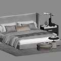 Upholstered Double Bed With Neutral Bedding Nightstands Table Lamps Area Rug And Footstool
