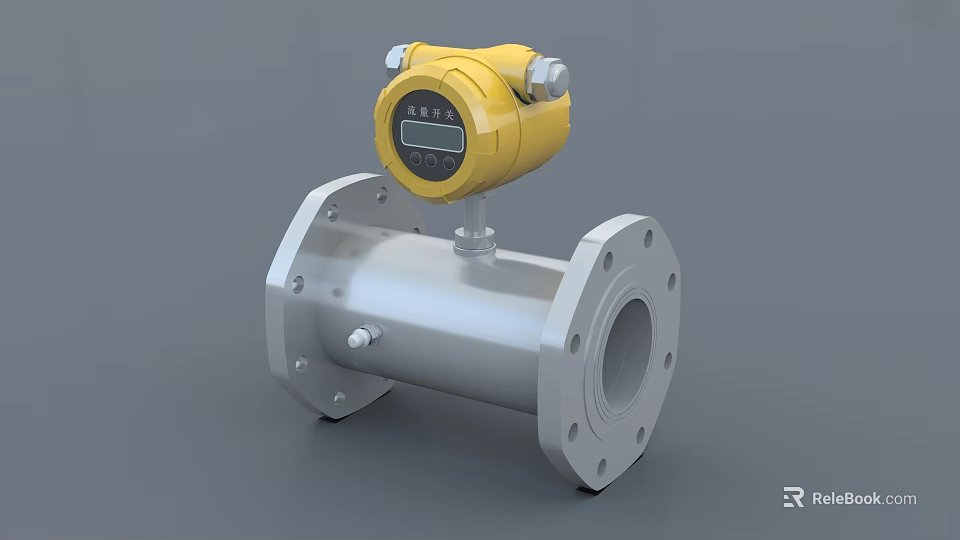 Industrial Flow Meter Equipment With Silver Pipeline And Yellow Digital Display Head 3d model 