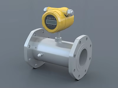 Industrial Flow Meter Equipment With Silver Pipeline And Yellow Digital Display Head 3d model