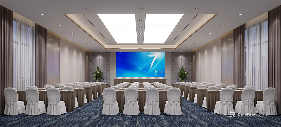 Conference Room Featuring Large Blue Screen Arranged White Covered Chairs Green Plants And Ceiling Lights 3d model 