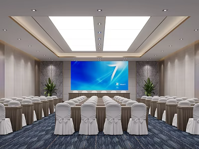 Conference Room Featuring Large Blue Screen Arranged White Covered Chairs Green Plants And Ceiling Lights 3d model