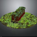 Red Train Carriage Model Overgrown with Green Plants and Grass on Circular Base